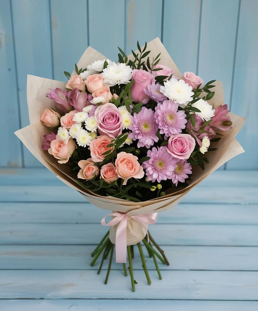 Букет цветов из: Хризантемы, Розы и Альстромерии в Целинном Алтайского края