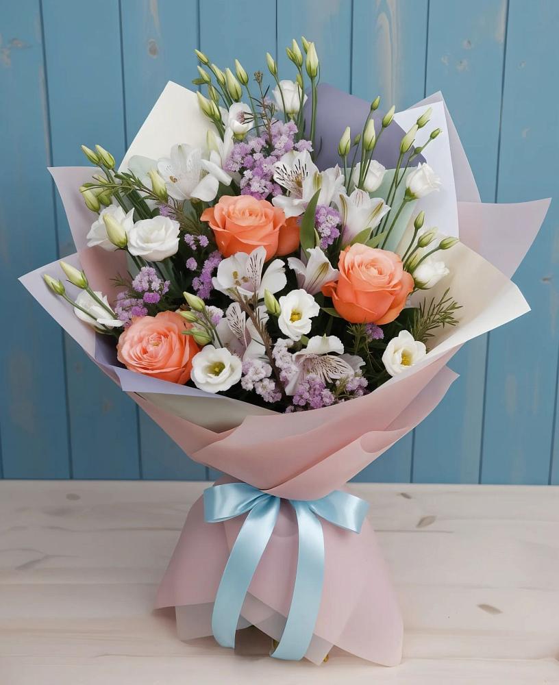 Букет цветов из: Лизиантусы, Розы, Альстромерии и Гипсофила в Целинном Алтайского края