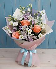 Букет цветов из:  Лизиантусы, Розы, Альстромерии и Гипсофила в Целинном Алтайского края