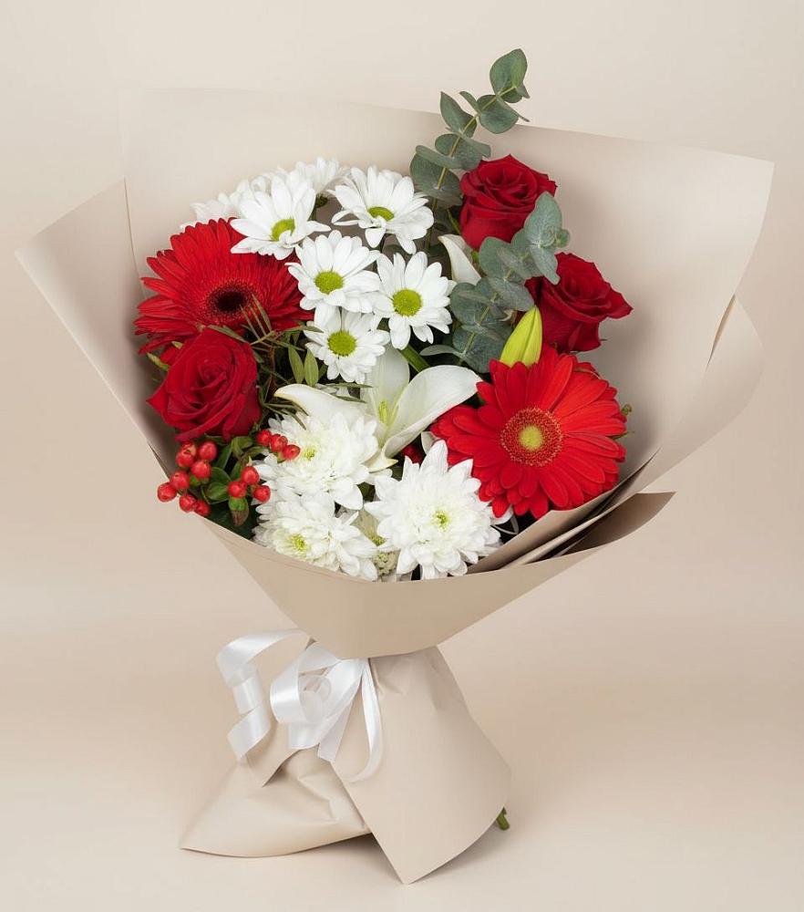 Букет цветов из: Розы, Хризантемы, Герберы и Лилии в Целинном Алтайского края