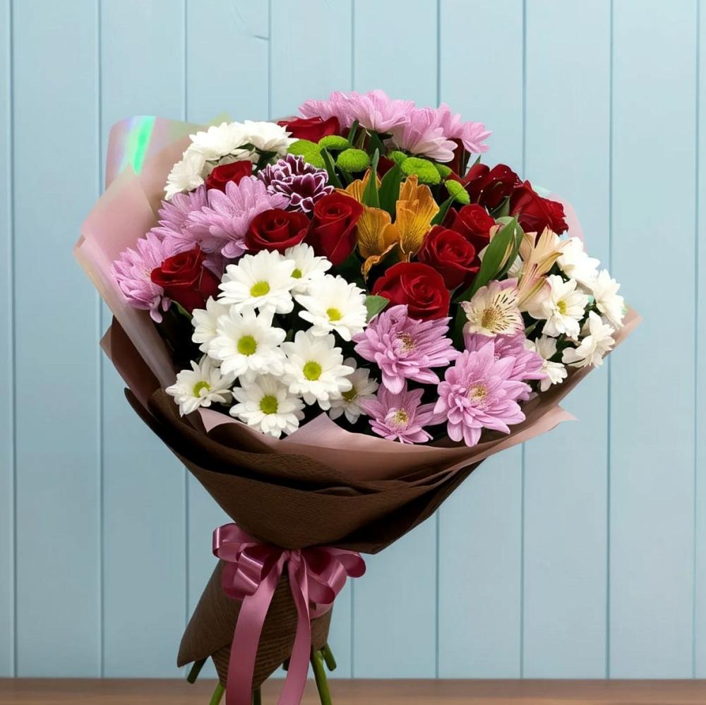 Букет цветов из: Розы, Хризантемы и Альстромерии в Целинном Алтайского края